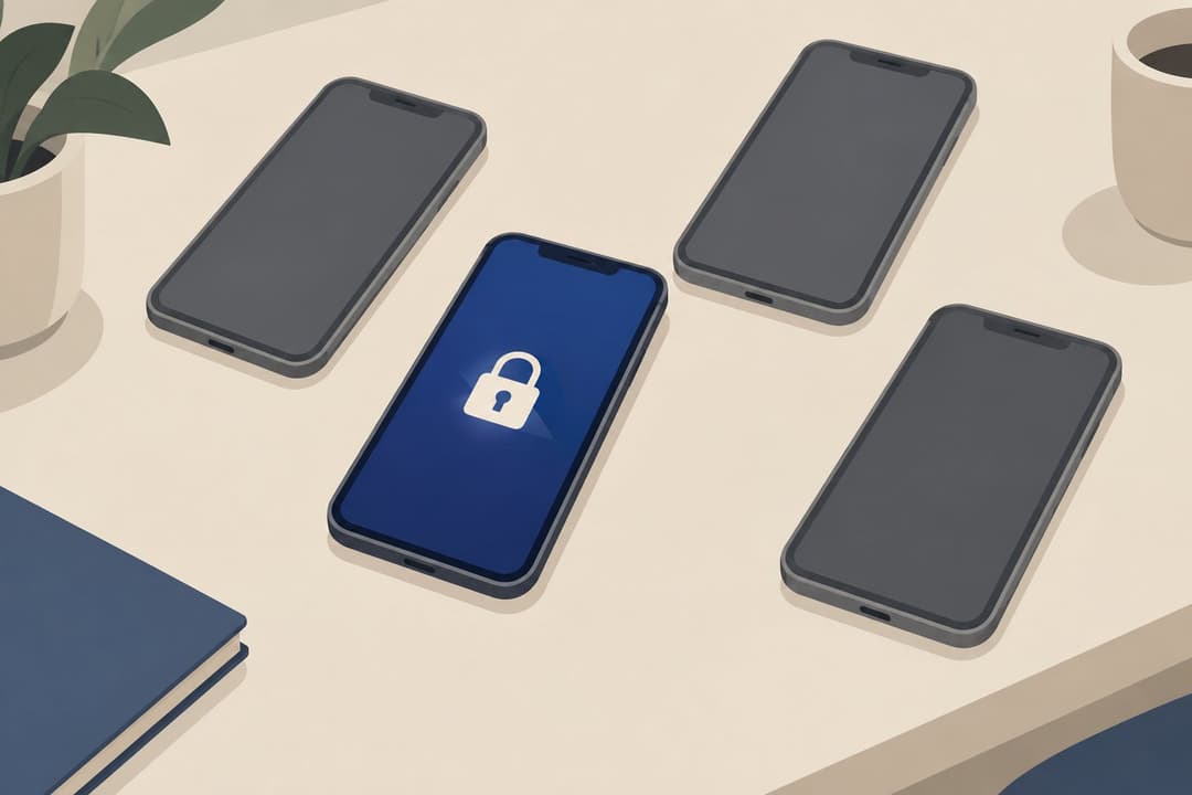 Un téléphone déverrouillé lumineux entouré de trois téléphones identiques éteints et grisés.