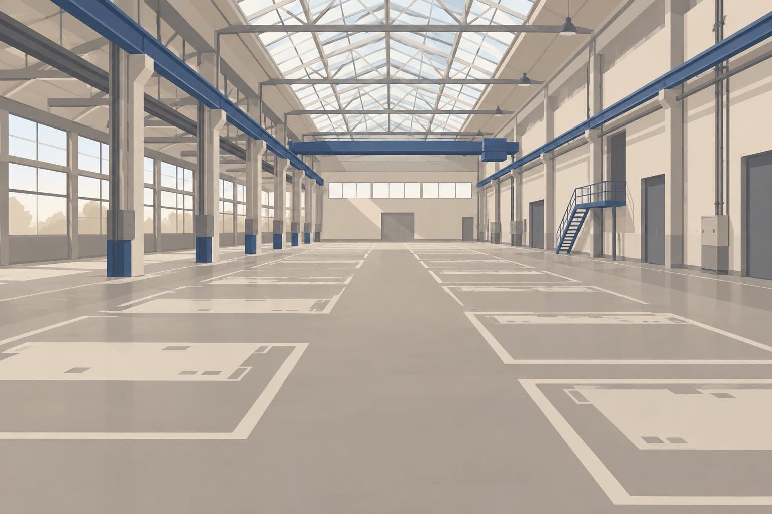 Hall d'usine vide avec des marques au sol de machines disparues.