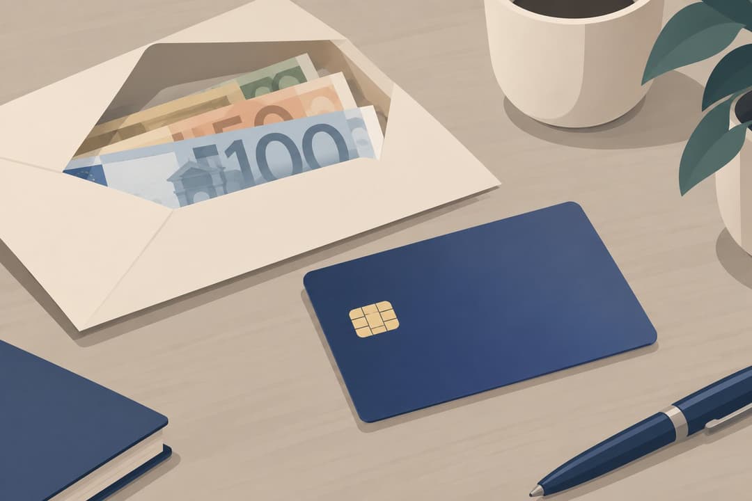 Carte bancaire vierge et enveloppe avec des billets stylisés sur un bureau.