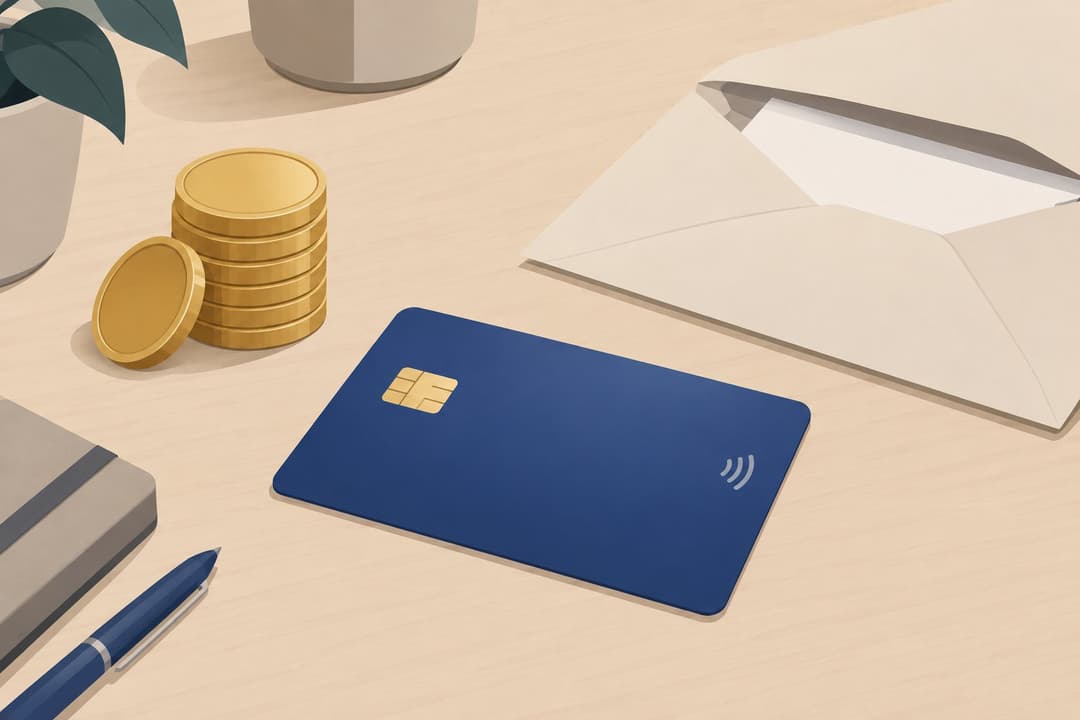 Carte bancaire vierge, pièces dorées empilées et enveloppe ouverte sur un bureau.