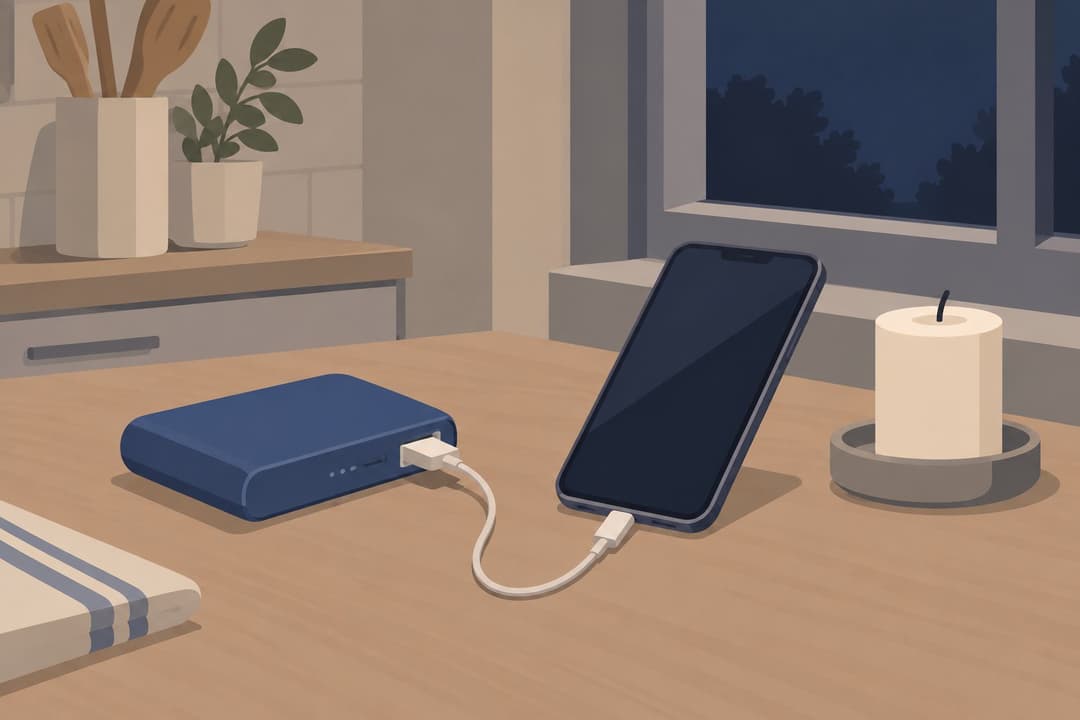 Batterie externe et smartphone branché sur une table, près d'une bougie, fenêtre sombre.