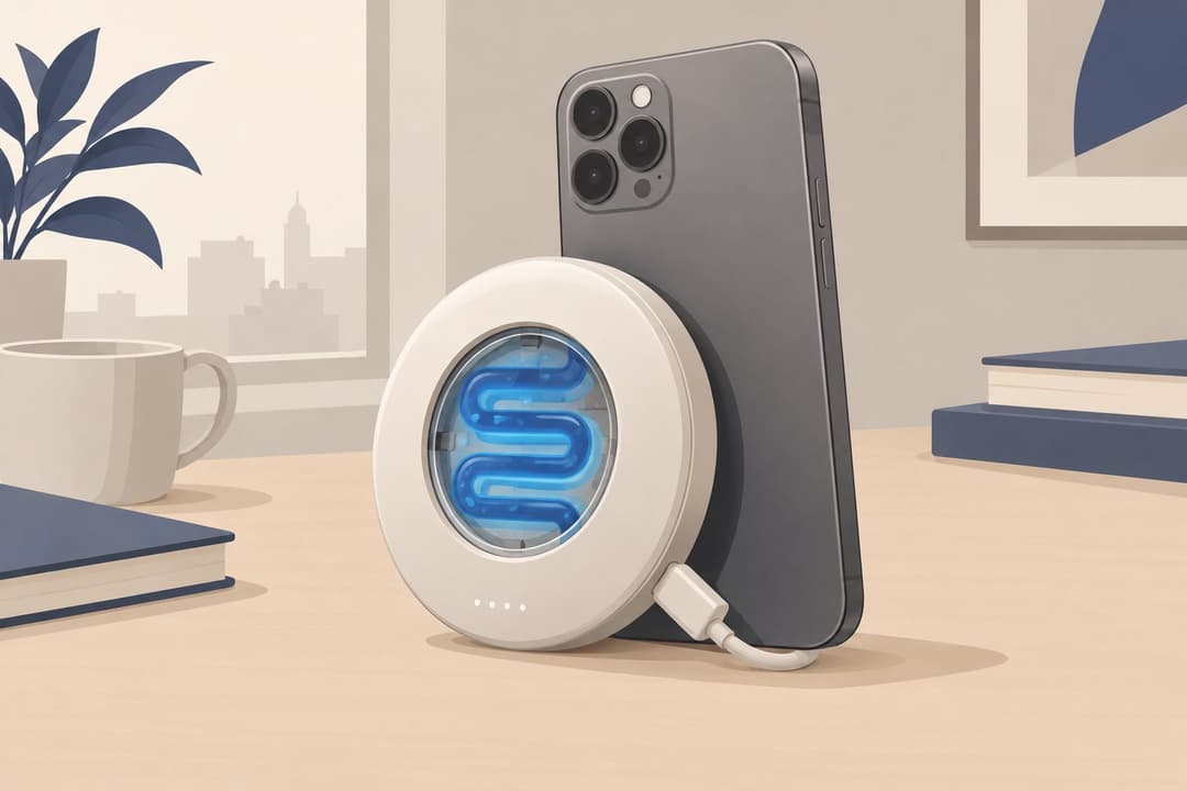 Batterie externe magnétique avec hublot montrant un circuit de liquide de refroidissement bleu.