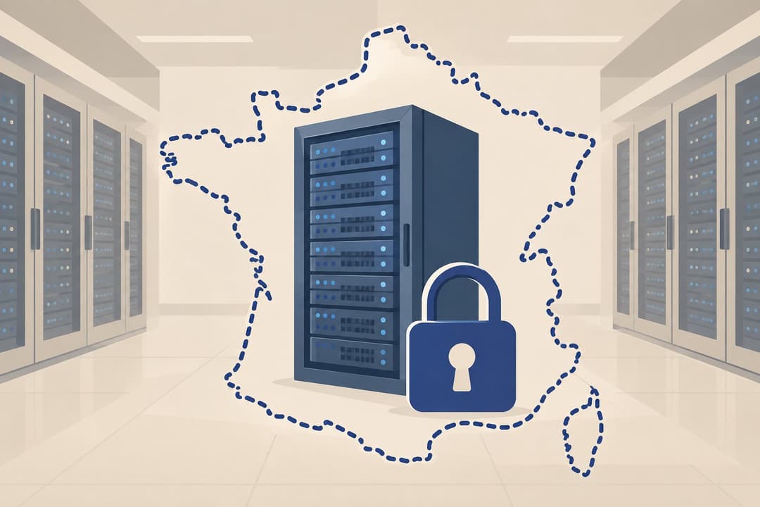 Armoire de serveurs entourée d'un contour pointillé de la France, cadenas fermé devant.