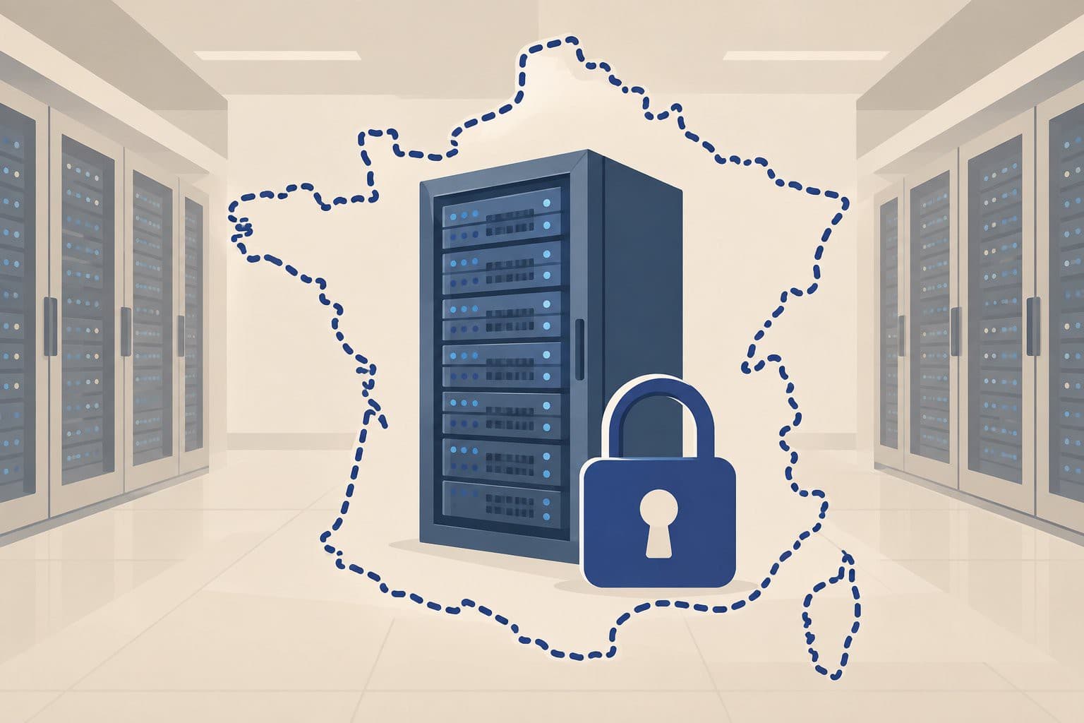 Armoire de serveurs entourée d'un contour pointillé de la France, cadenas fermé devant.