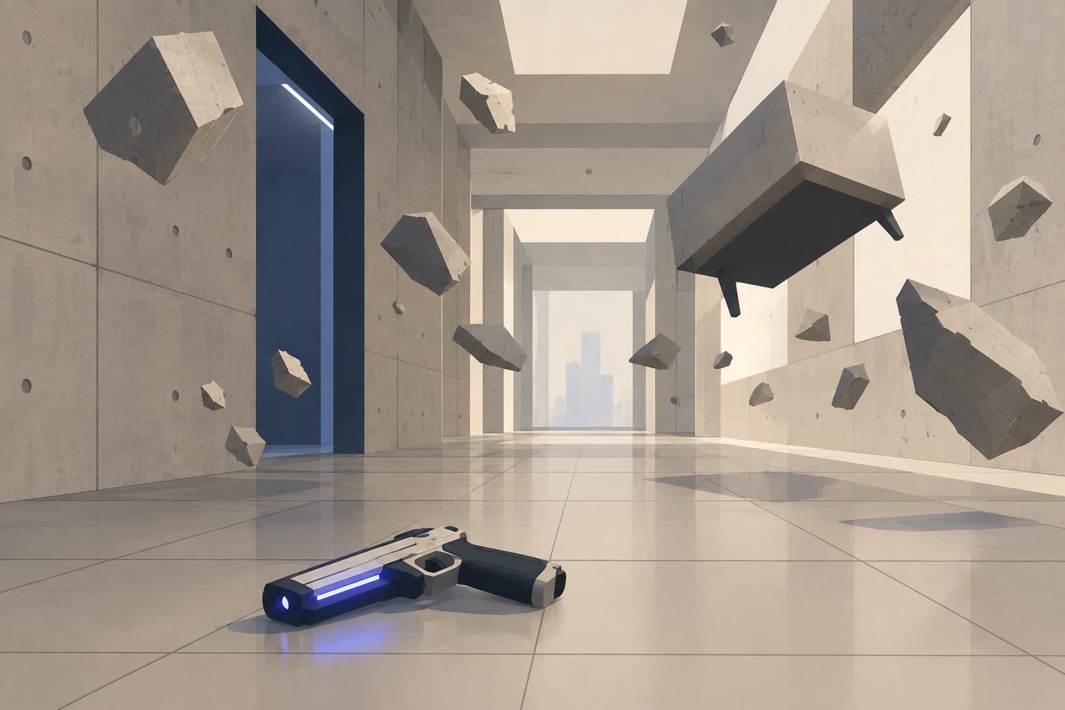Couloir en béton avec des débris flottants et une arme lumineuse posée au sol.