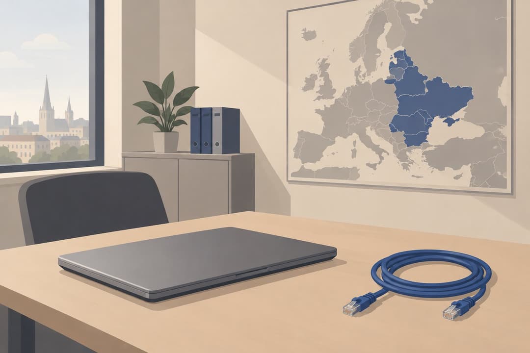 Bureau vide, ordinateur fermé, câble débranché, carte murale de l'Europe de l'Est.