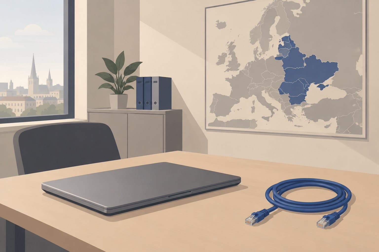 Bureau vide, ordinateur fermé, câble débranché, carte murale de l'Europe de l'Est.