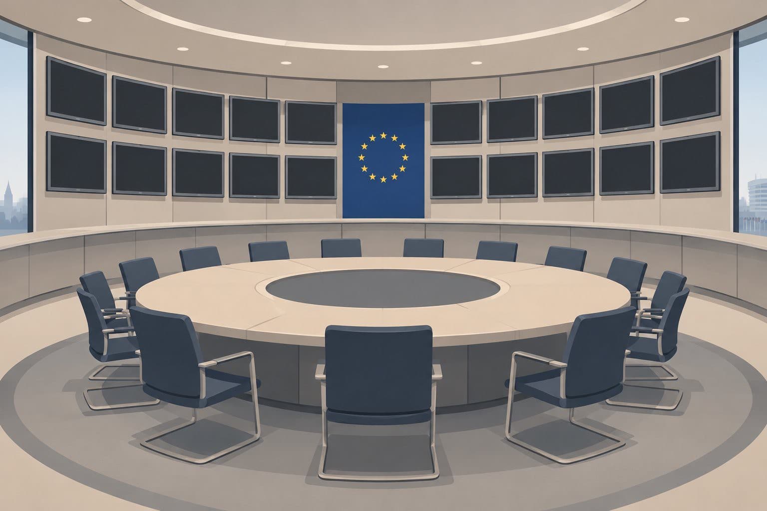 Salle de contrôle vide, vingt-sept écrans éteints en cercle, table ronde inoccupée.