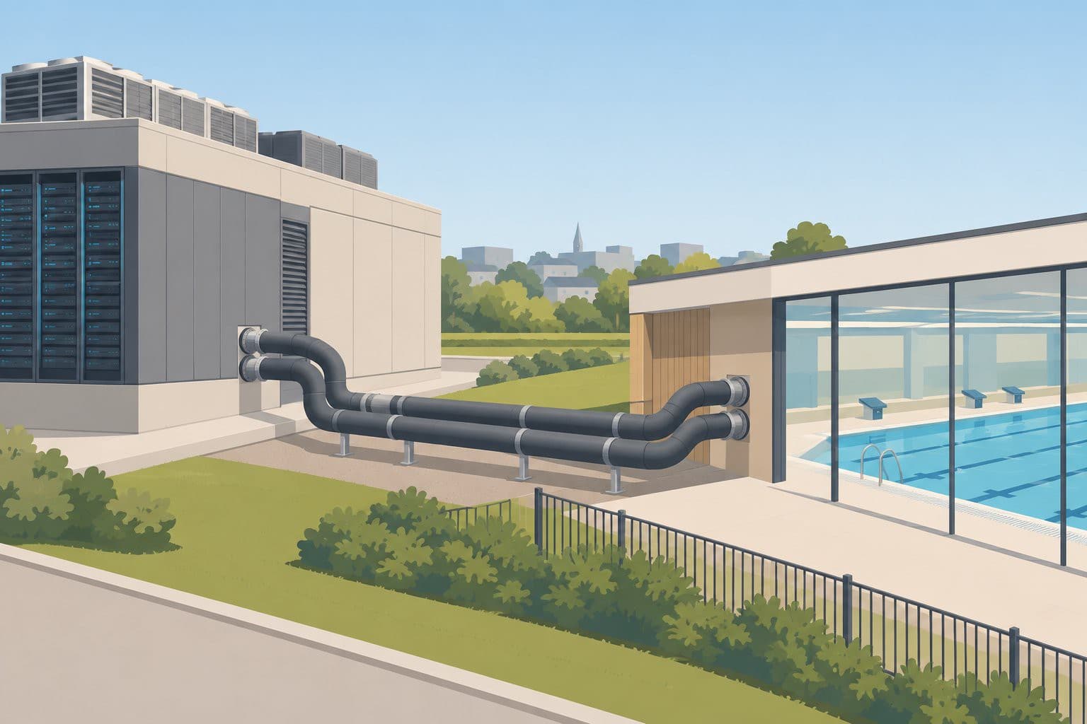Tuyaux isolés reliant un data center à une piscine municipale voisine.