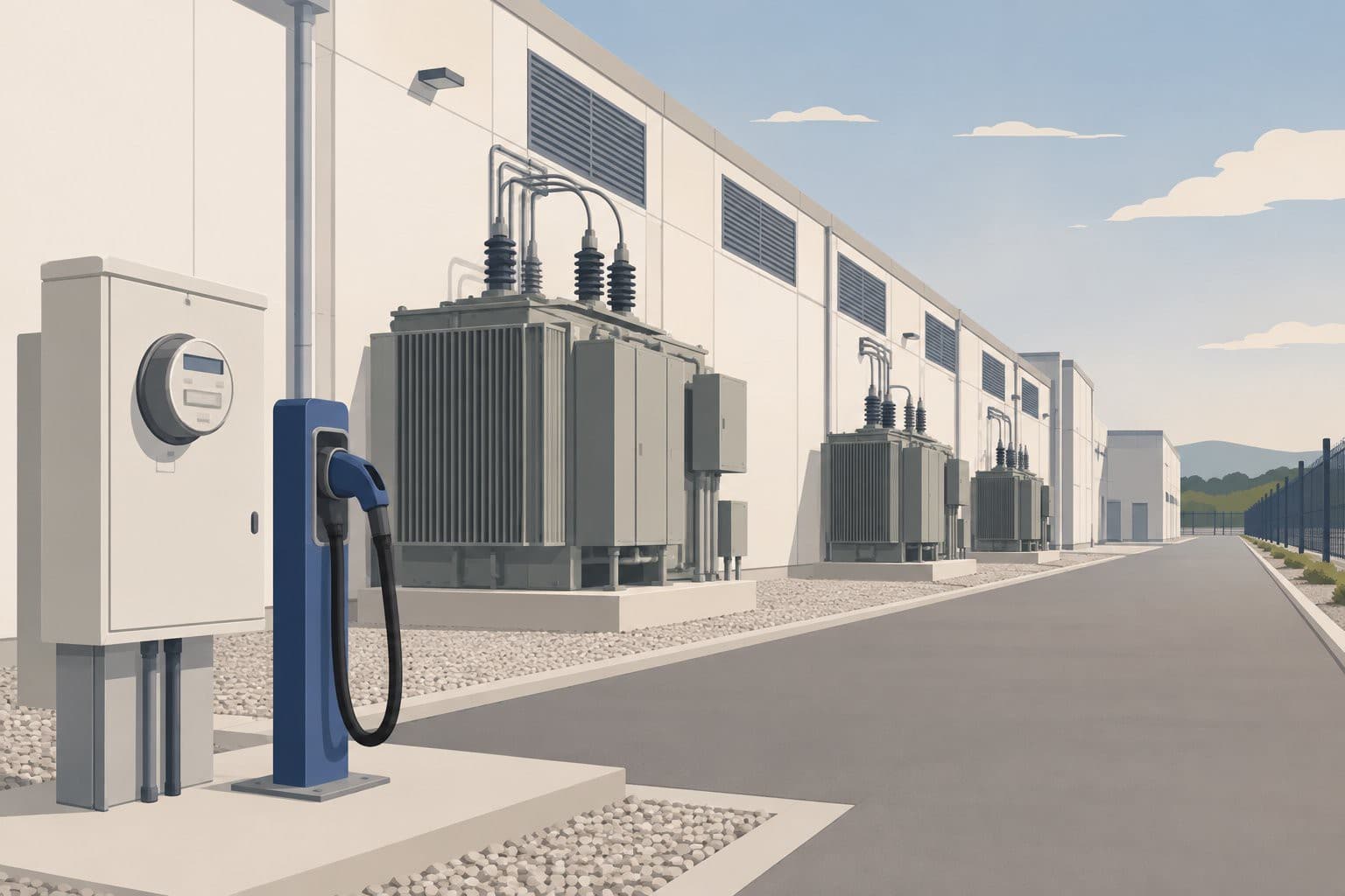 Bâtiment de datacenter avec transformateurs électriques et compteur au premier plan.