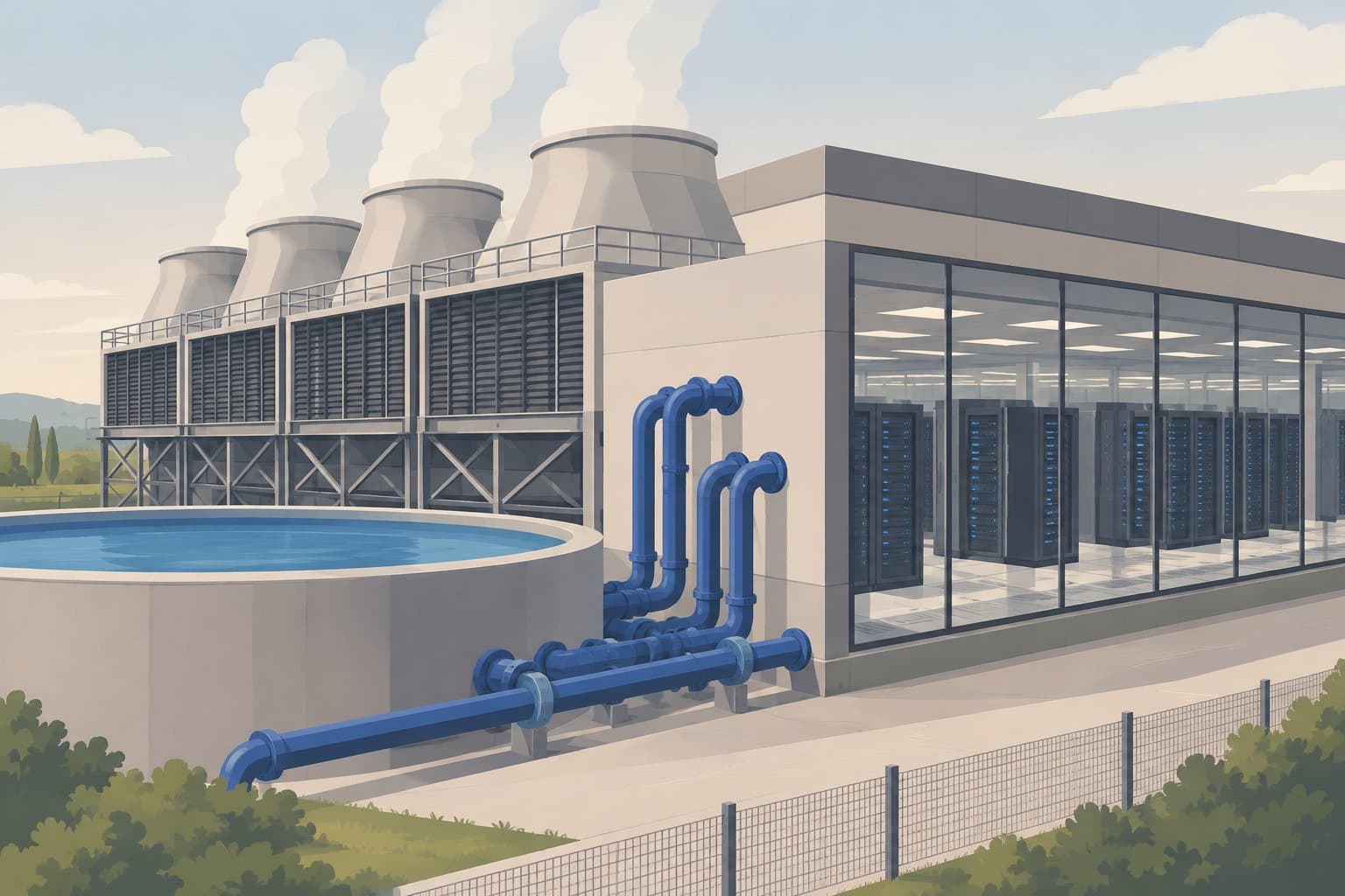 Un datacenter avec tours de refroidissement, tuyaux bleus et une citerne d'eau extérieure.