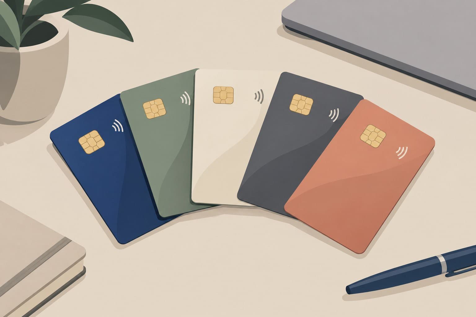 Cinq cartes bancaires colorées alignées en éventail sur une table.