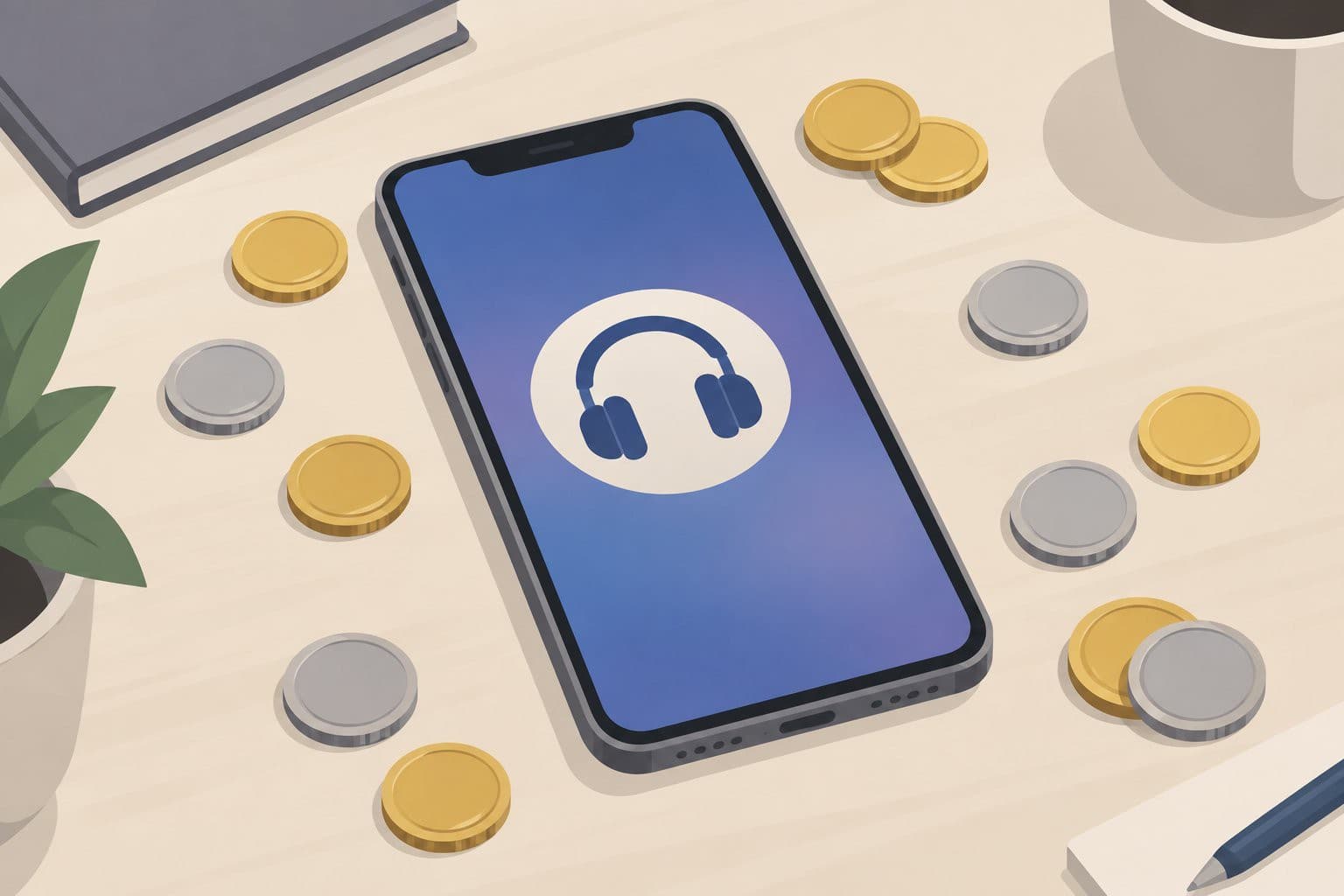Smartphone avec icône de casque audio, entouré de pièces de monnaie.