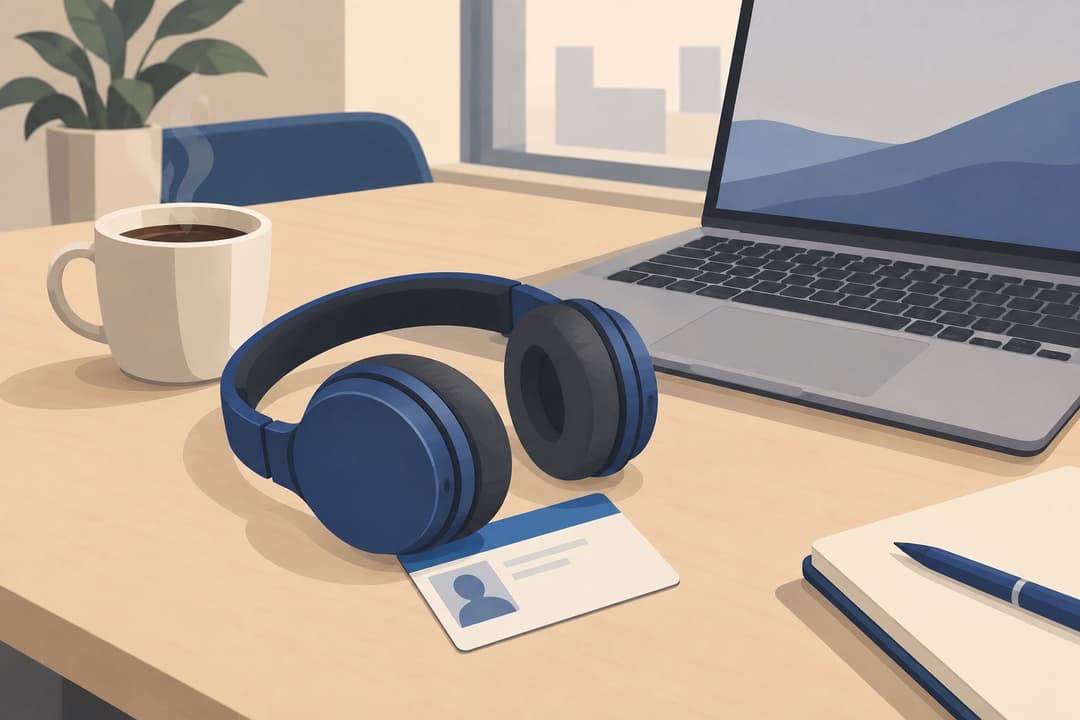 Casque audio sur une carte d'étudiant vierge, près d'un ordinateur portable.
