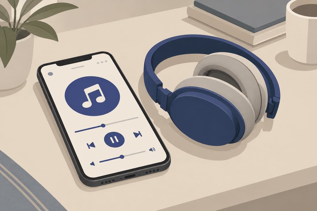 Smartphone avec interface musicale et casque audio replié sur une table.