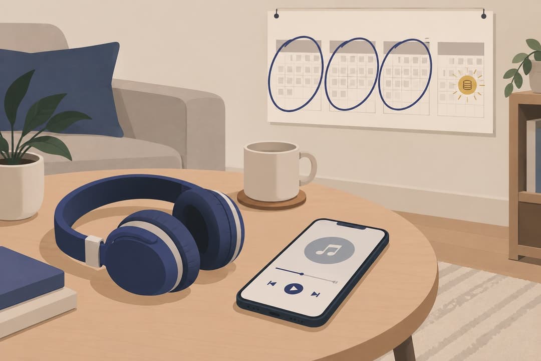 Casque audio, téléphone et calendrier avec trois mois entourés, un mois marqué d'une pièce.