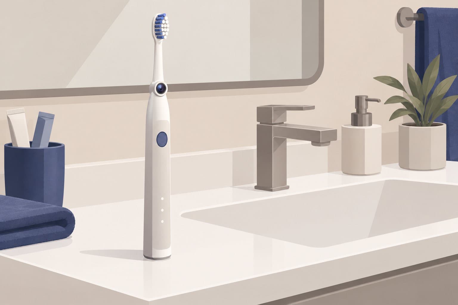 Brosse a dents electrique munie d'une camera, posee sur un lavabo blanc.