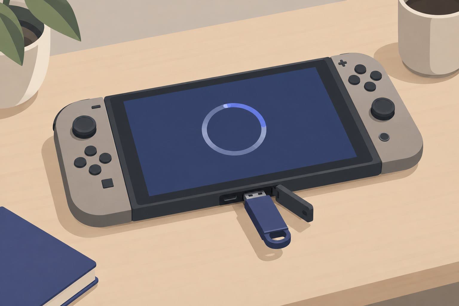 Console de jeu ouverte avec clé USB branchée et écran de chargement vierge.