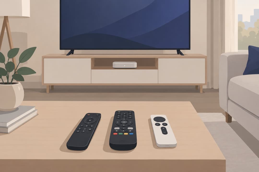 Boîtier internet sous une télévision, trois télécommandes alignées sur une table.