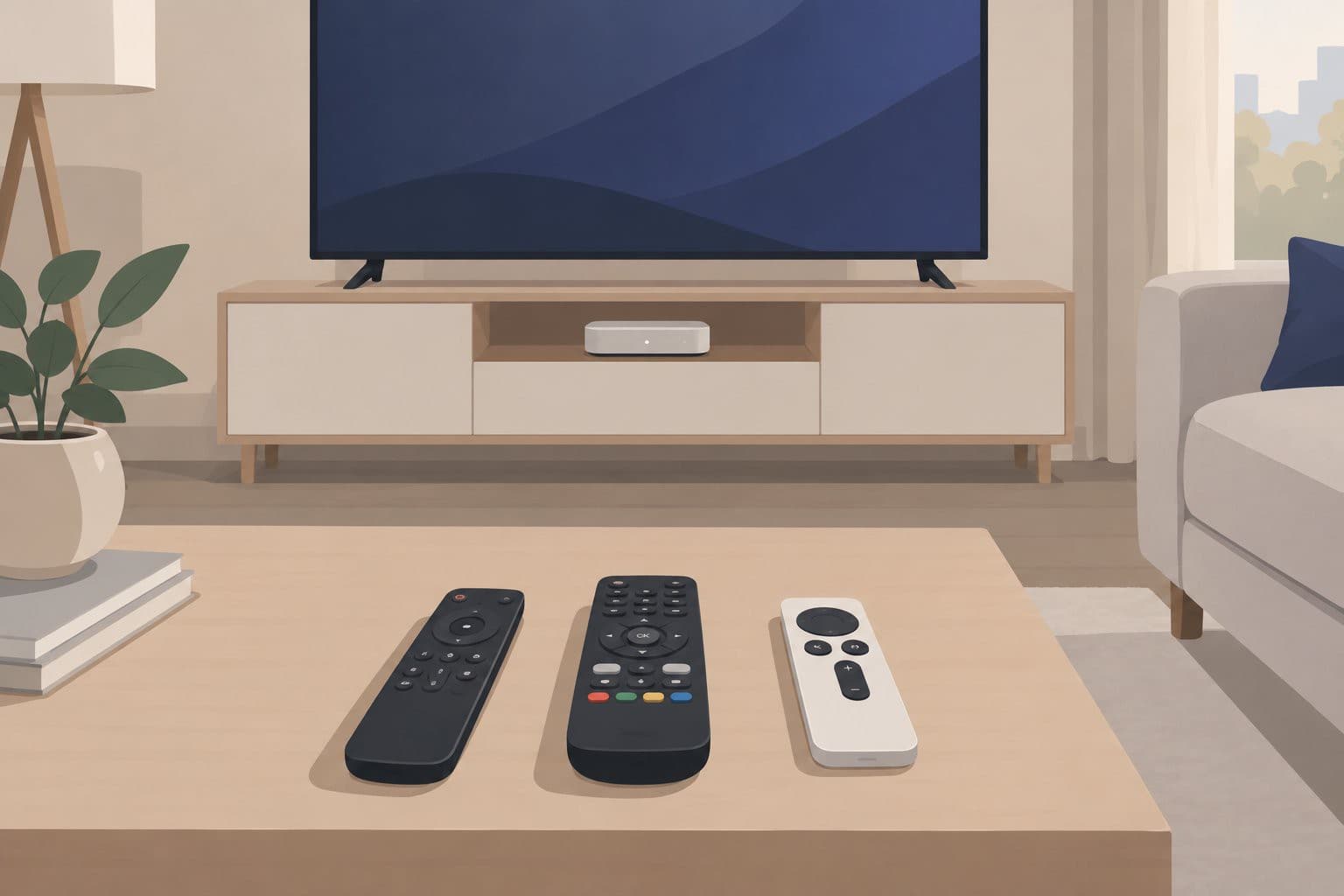 Boîtier internet sous une télévision, trois télécommandes alignées sur une table.