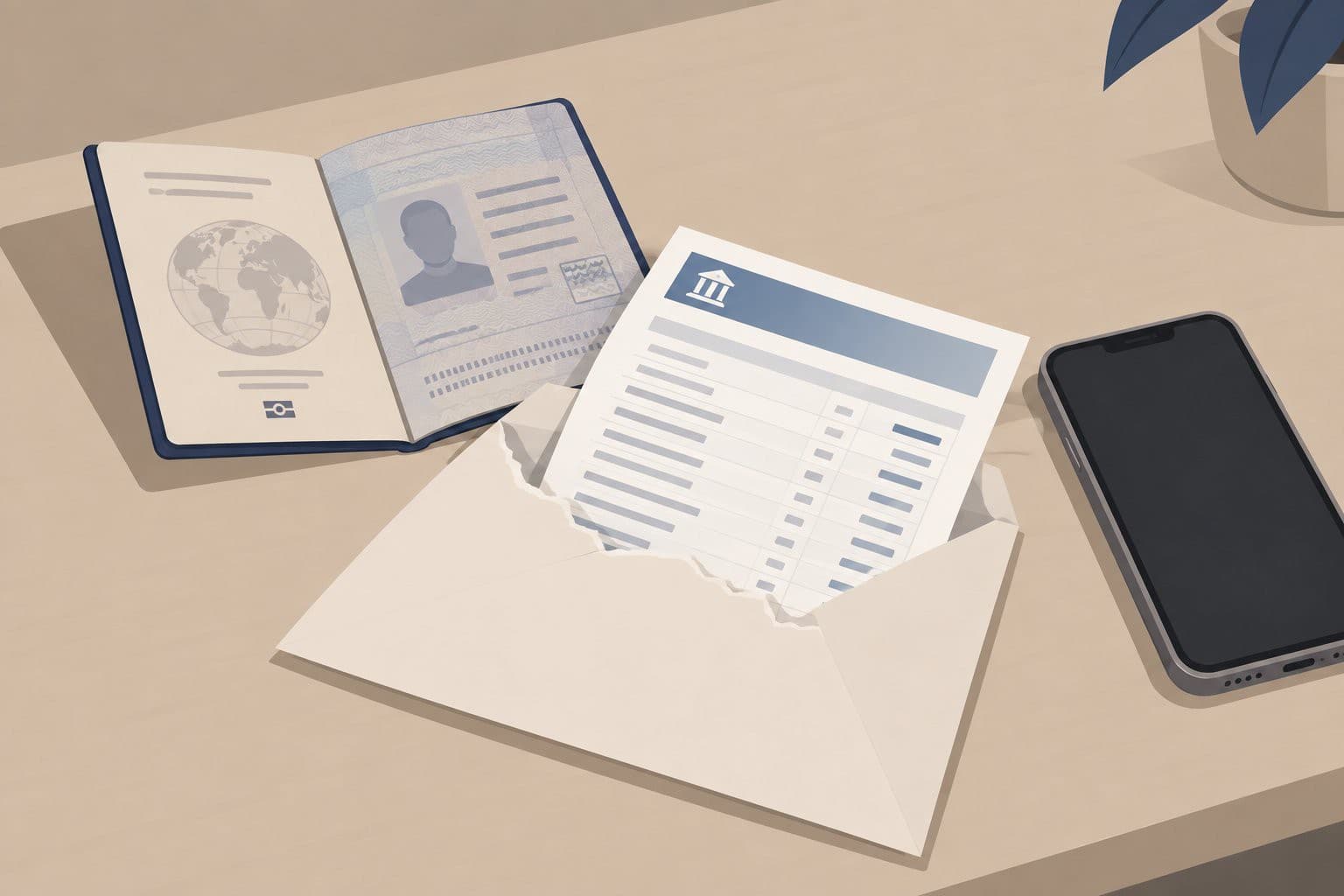Passeport et relevé bancaire dépassant d'une enveloppe déchirée sur un bureau.