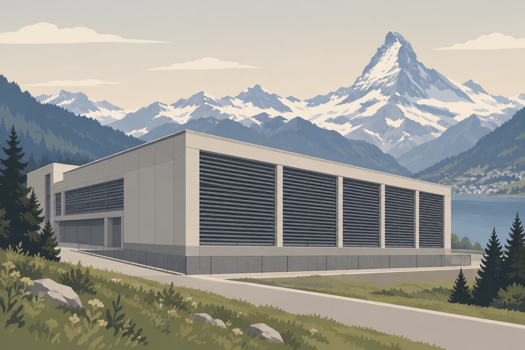 Centre de données à grilles de ventilation naturelle, montagnes en arrière-plan.