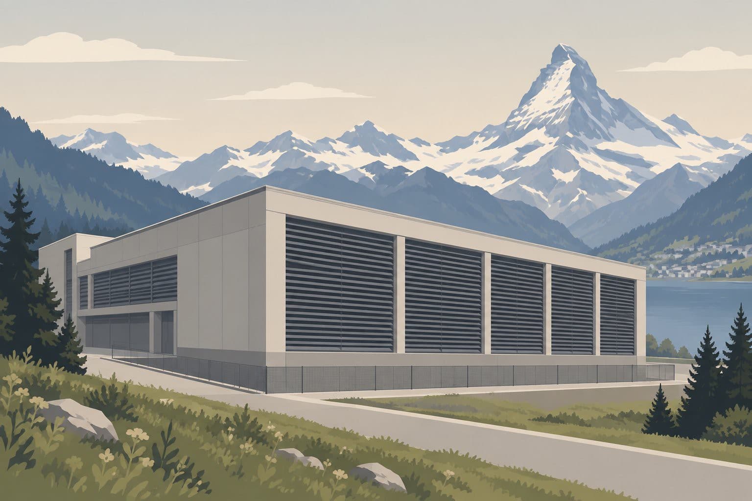 Centre de données à grilles de ventilation naturelle, montagnes en arrière-plan.