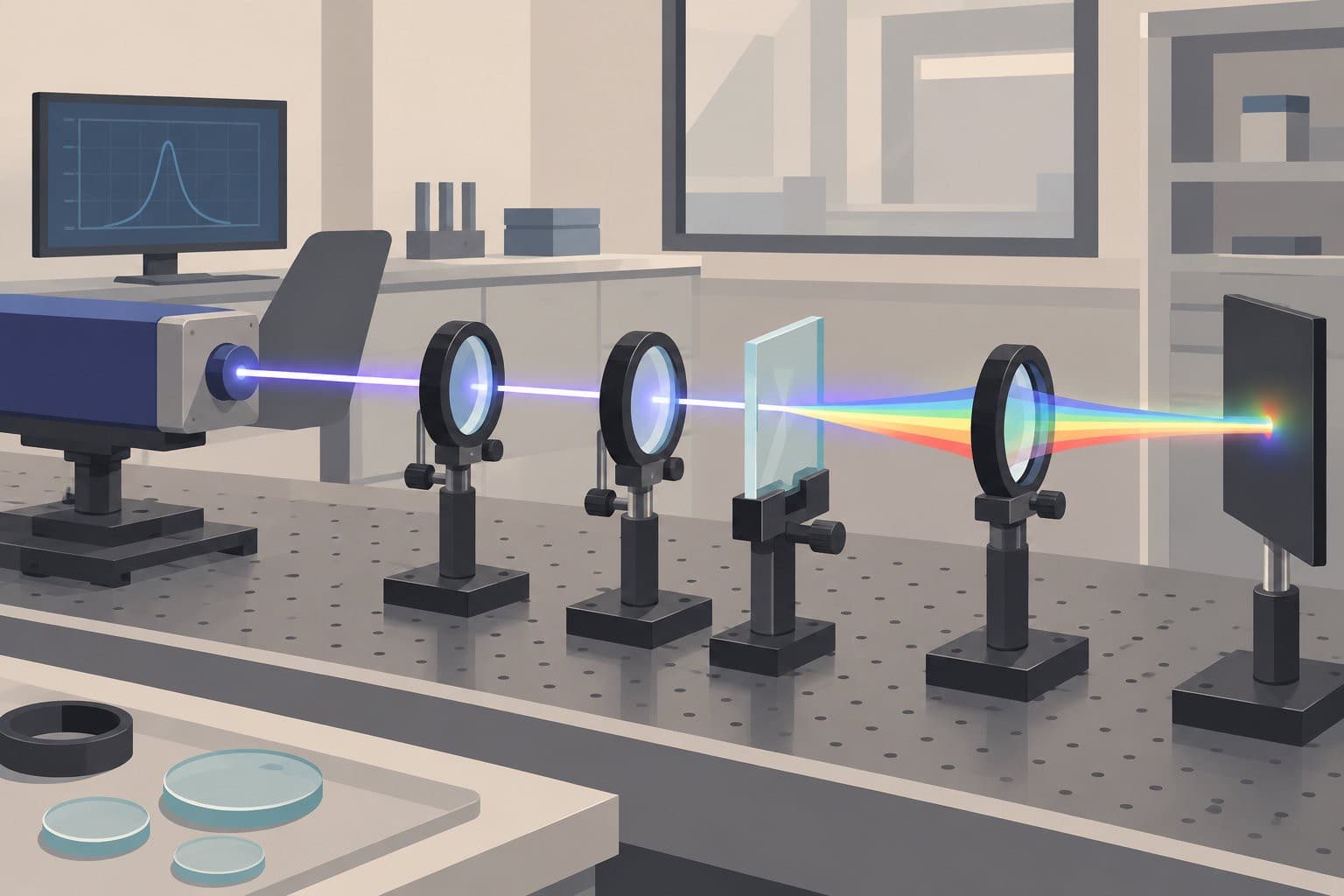 Banc optique de laboratoire avec lentilles et faisceau lumineux coloré.