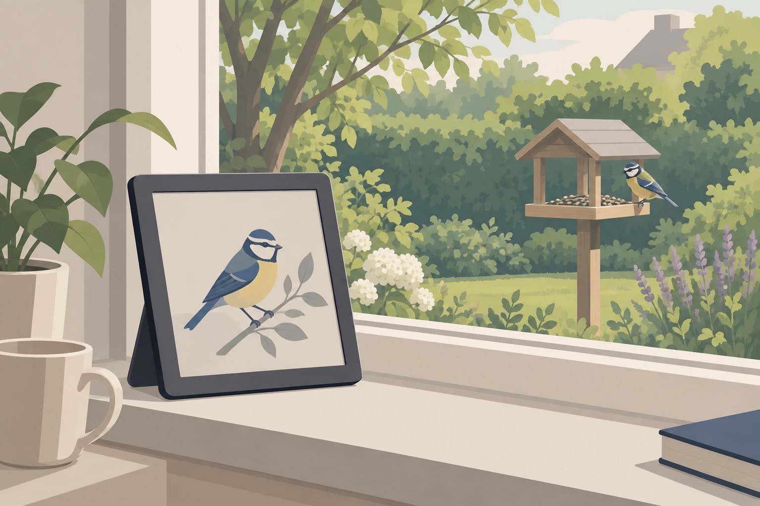Cadre à encre électronique sur un rebord de fenêtre, illustration d'oiseau, jardin en arrière-plan.