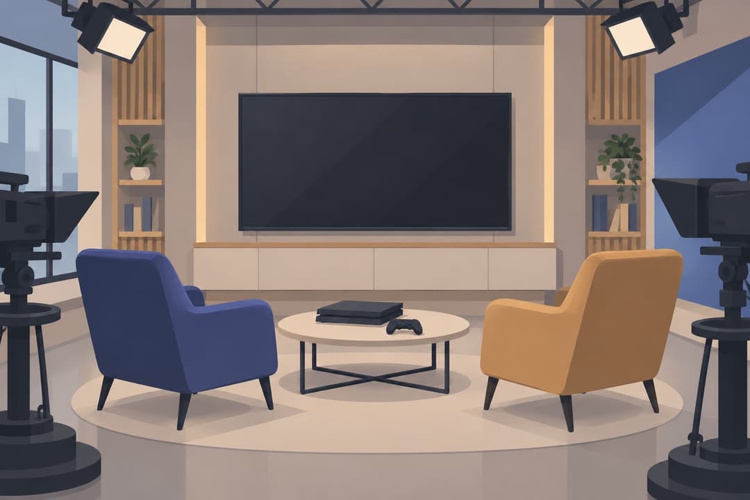 Studio télé vide, console de jeu sur table basse, fauteuils colorés, écran éteint.