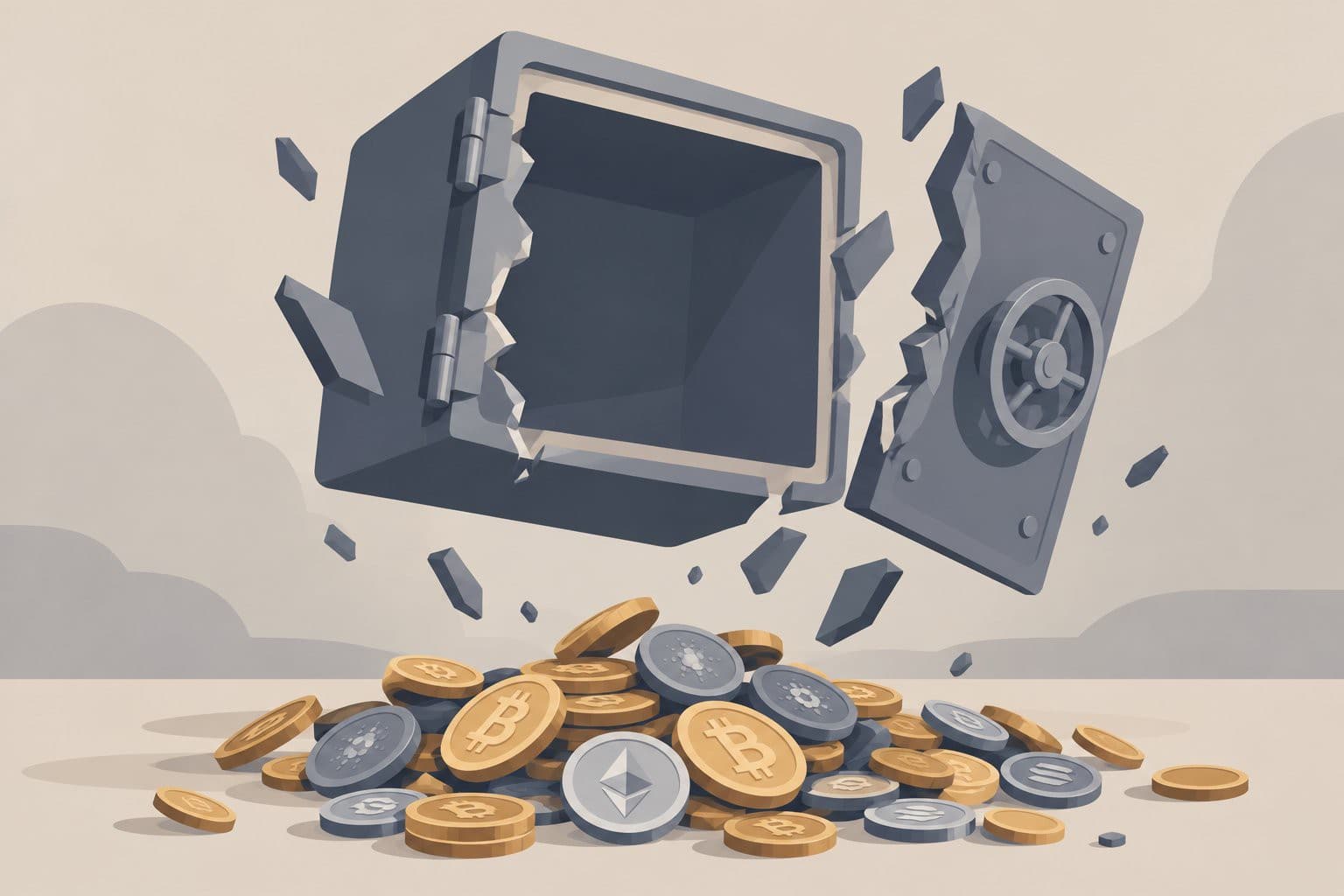 Coffre-fort ouvert et vide au-dessus de pièces de cryptomonnaie renversées.