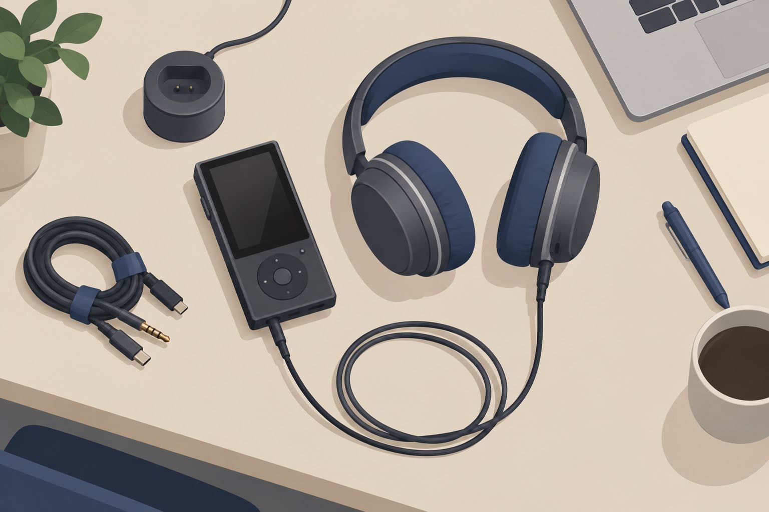 Baladeur audio, casque circum-aural et dock de recharge sur un bureau.