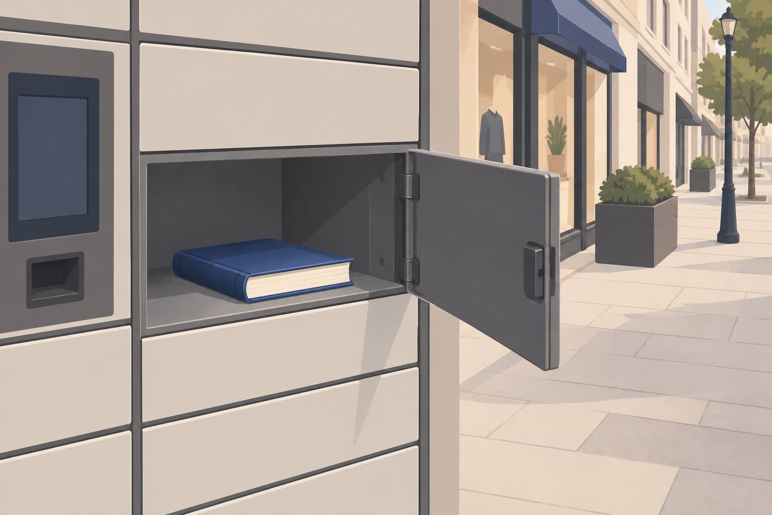 Casier automatique ouvert dans la rue, un livre neuf posé à l'intérieur.