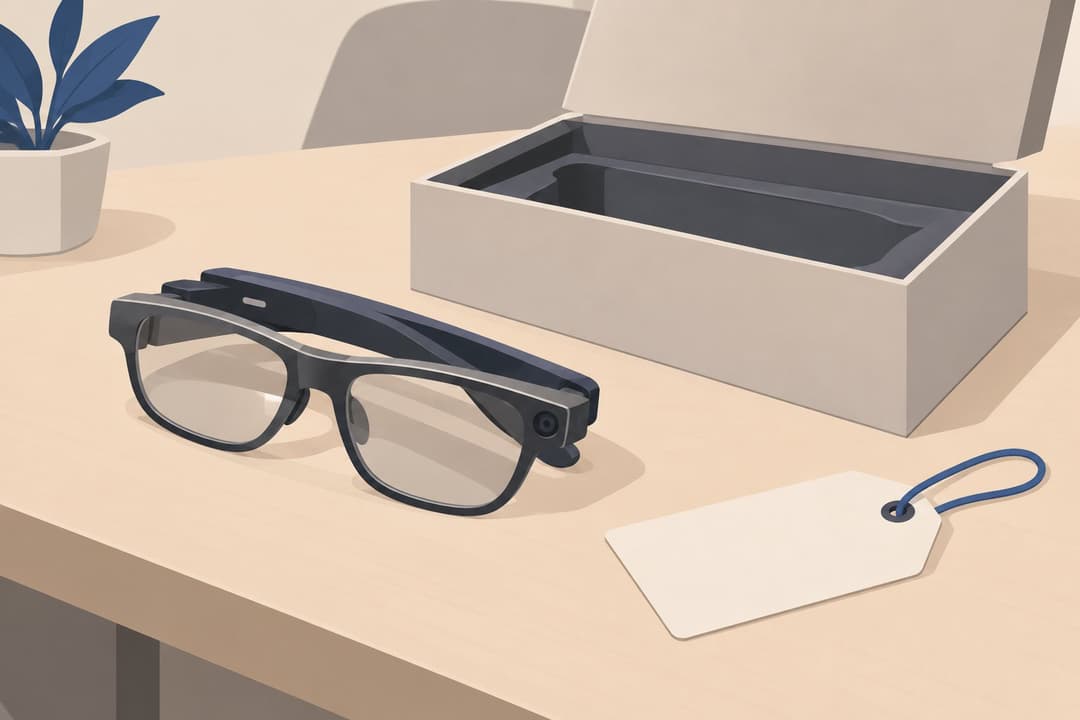 Lunettes connectées repliées près d'une étiquette de prix vierge et d'une boîte.