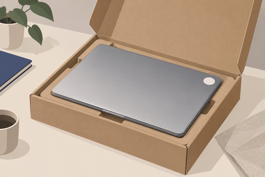 Ordinateur portable fermé posé sur un carton d'emballage recyclé ouvert.