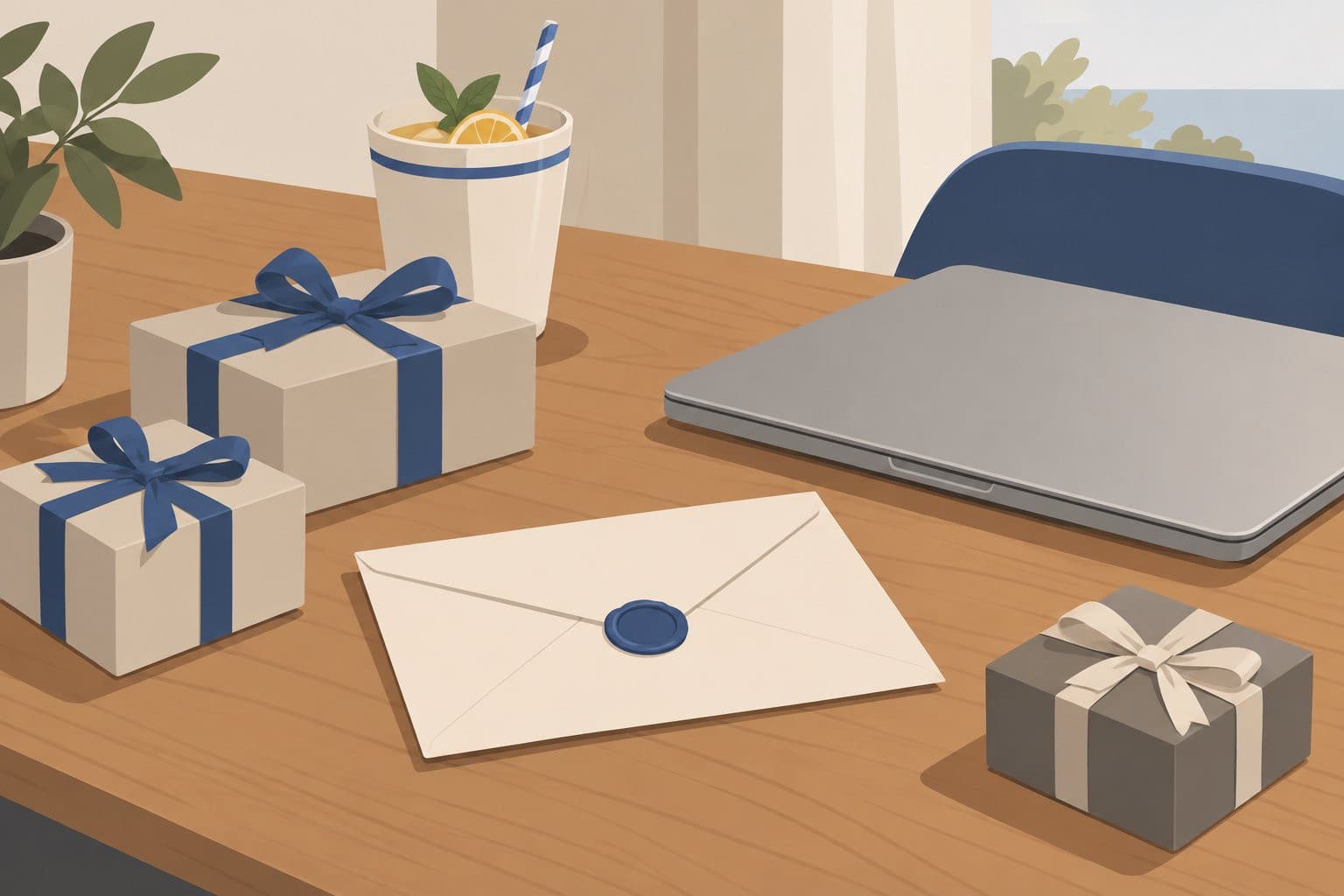 Enveloppe scellée et cadeaux emballés sur une table, près d'un ordinateur portable fermé.