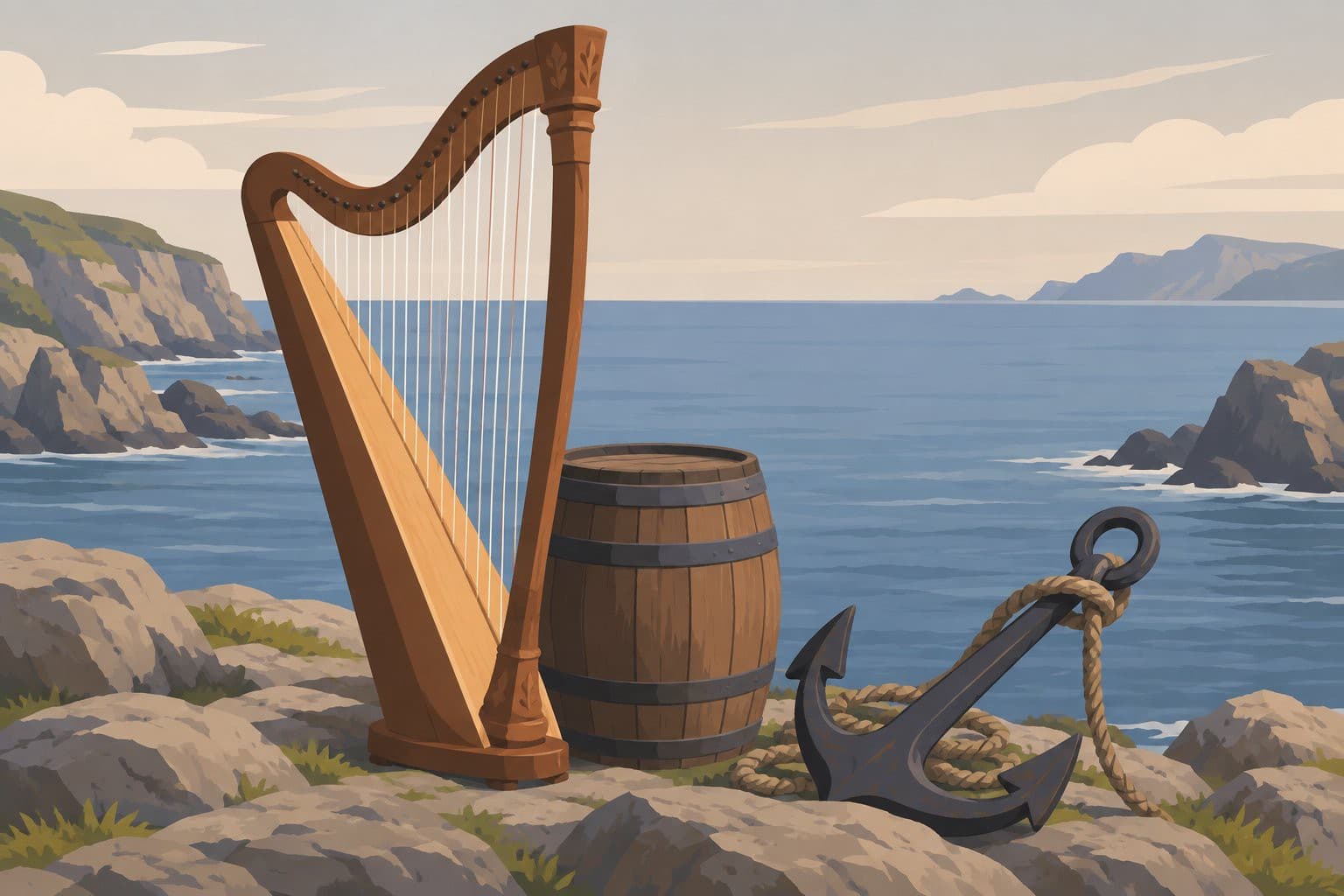Harpe en bois géante sur un rivage rocheux, tonneau et ancre à proximité.