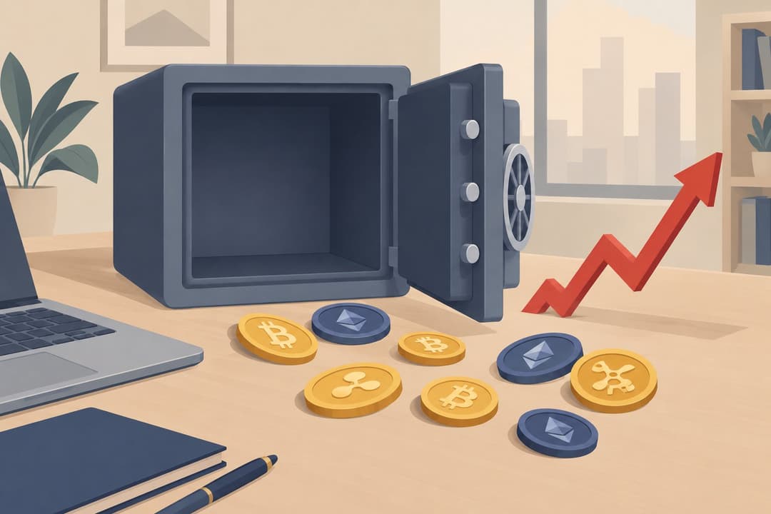 Coffre-fort ouvert vide, pièces de crypto-monnaie éparpillées, flèche rouge montante.