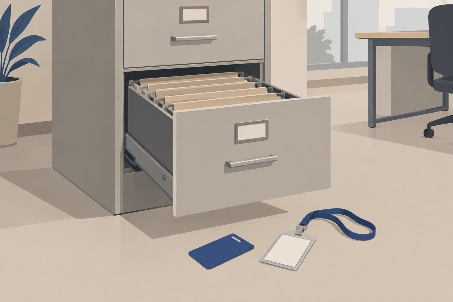 Classeur de bureau ouvert, dossiers vides et badge tombé au sol.
