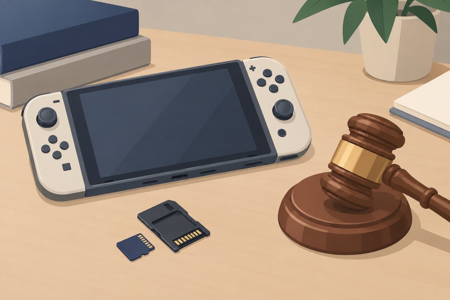 Console portable, carte mémoire ouverte et marteau de juge sur un bureau.