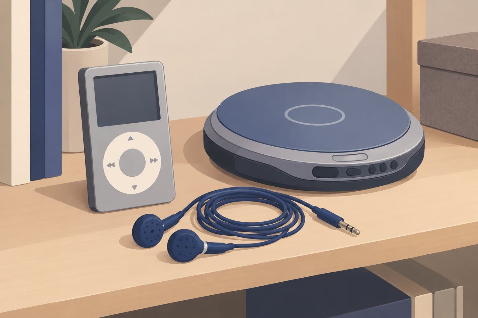 Un baladeur MP3 et un lecteur CD portable posés sur une étagère.