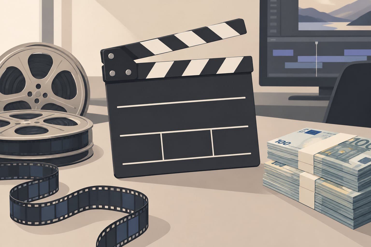 Clap de cinéma vierge sur une table, bobines de film et billets en euros.