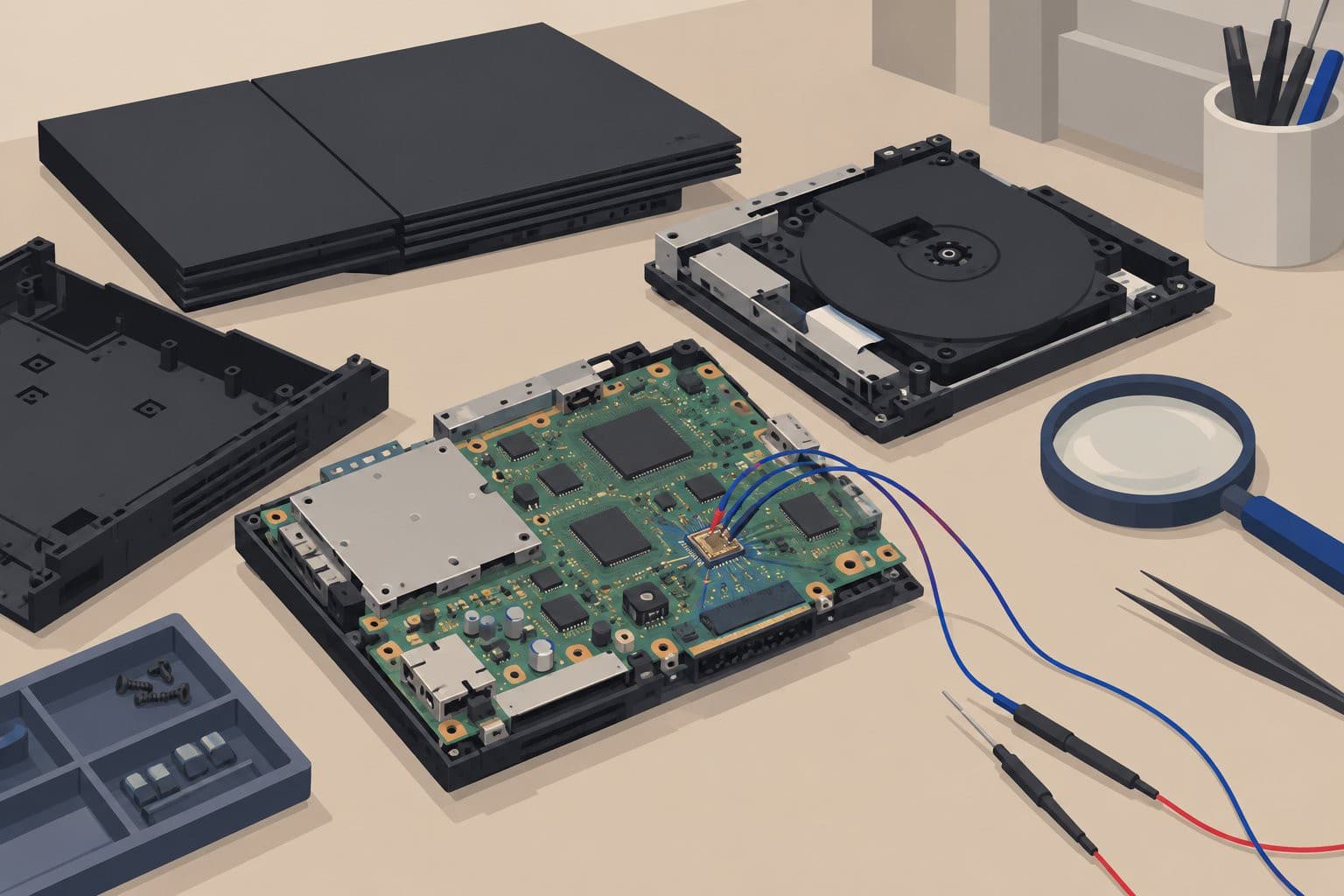 Console PlayStation 2 ouverte sur un établi, puce reliée à des fils de sonde électronique.