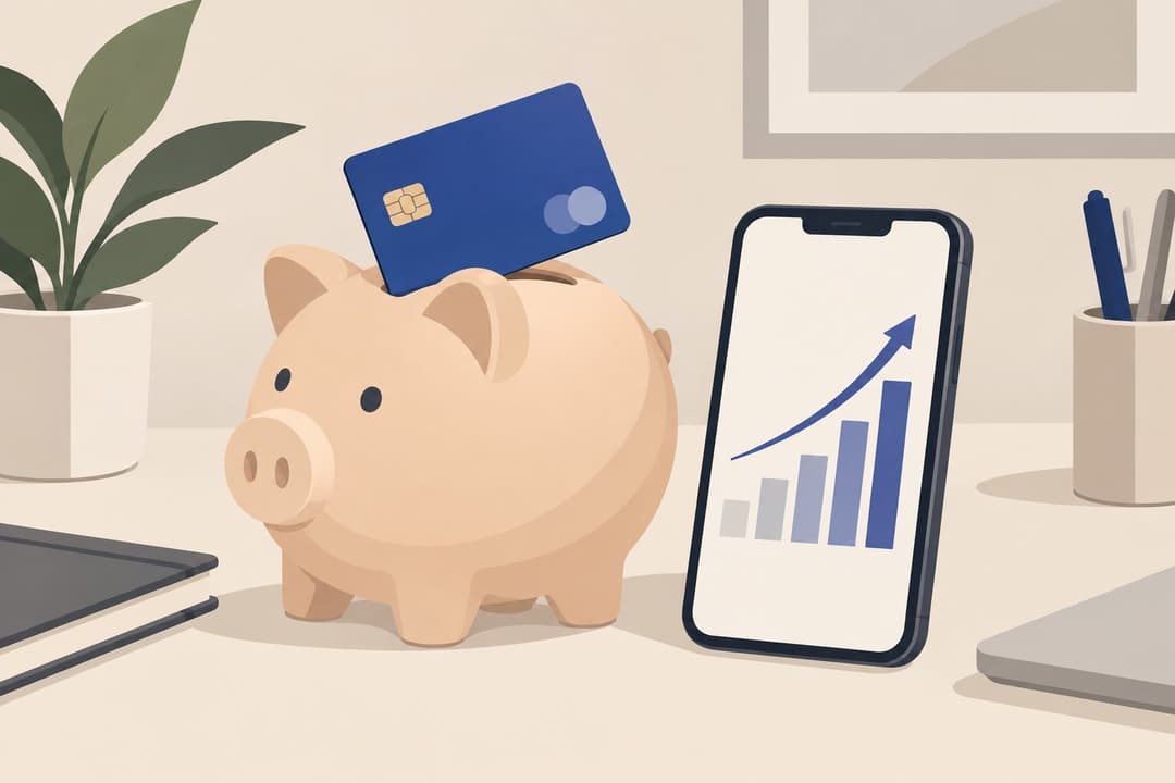 Carte bancaire, tirelire cochon et smartphone avec graphique de croissance.