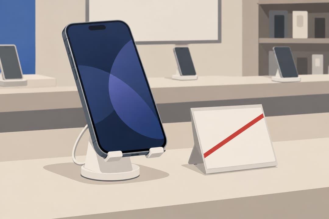 Smartphone en vitrine avec étiquette de prix barrée d'un trait rouge.