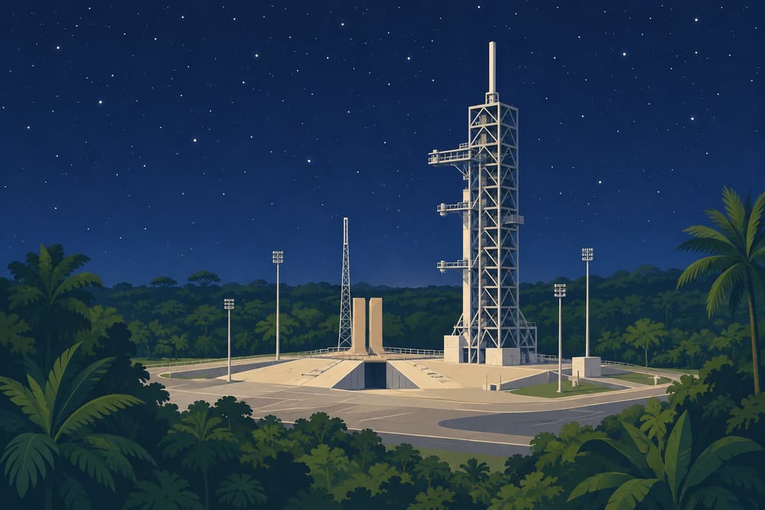 Un pas de tir spatial vide dans la forêt tropicale, sous un ciel étoilé.