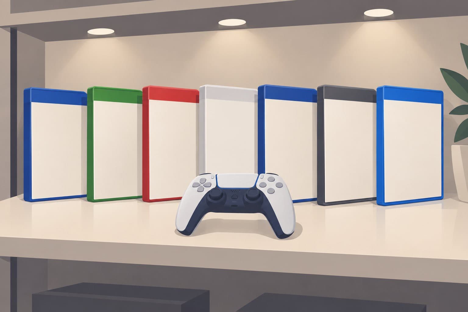 Sept boîtiers de jeux vidéo vierges alignés sur une étagère avec une manette.