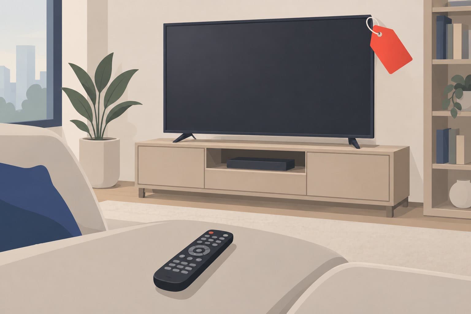 Télécommande sur canapé devant un écran vide, étiquette de réduction affichée au coin.