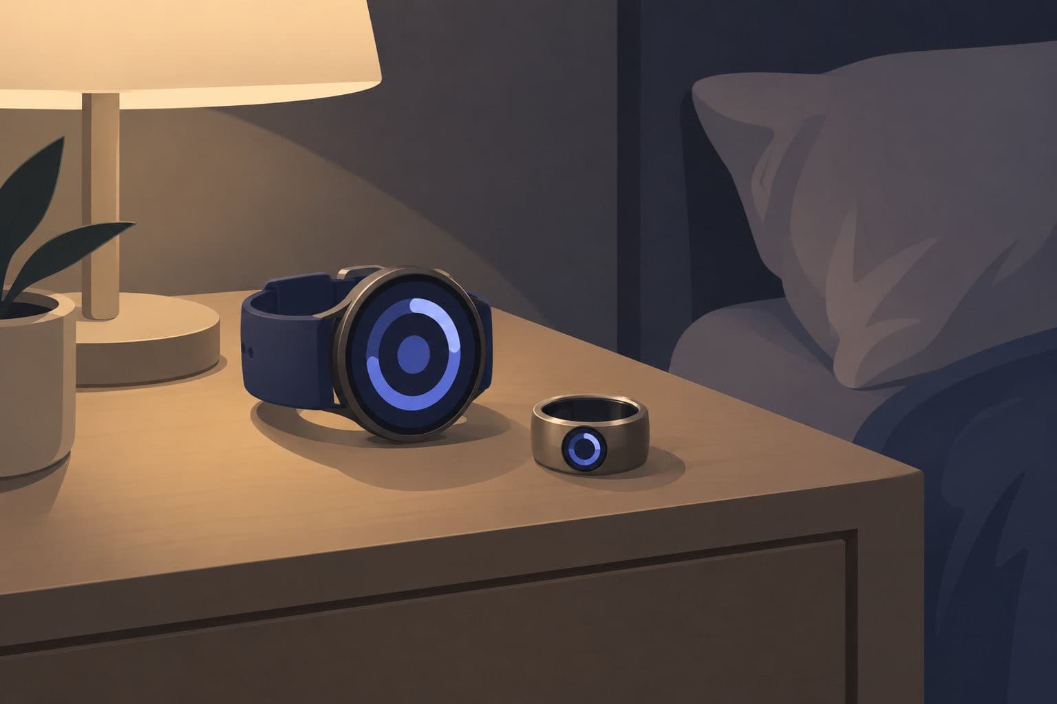 Montre et bague connectées sur une table de chevet, cadran de score de sommeil allumé.