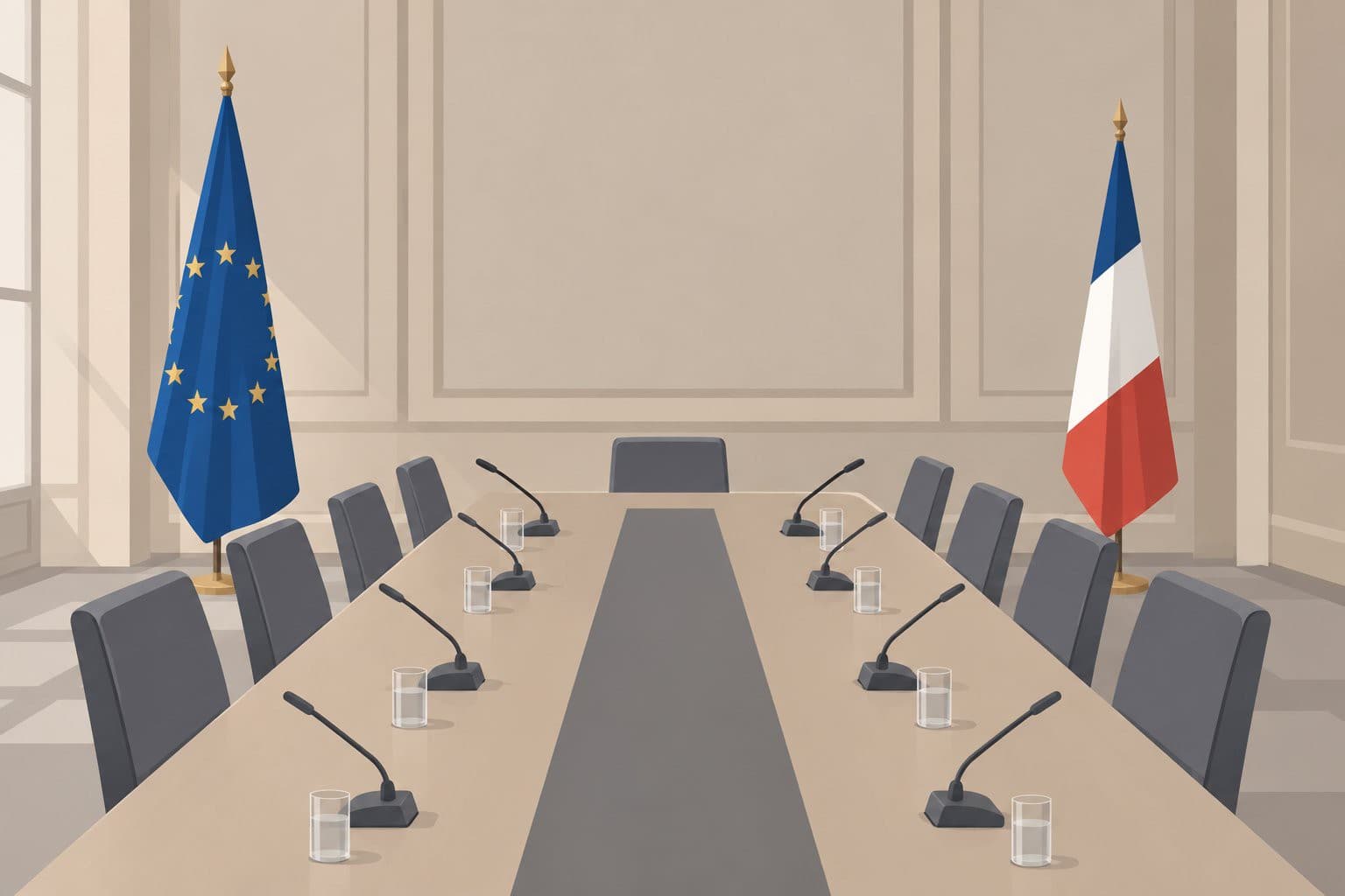 Une table de conférence vide avec deux drapeaux, l'un plus avancé.